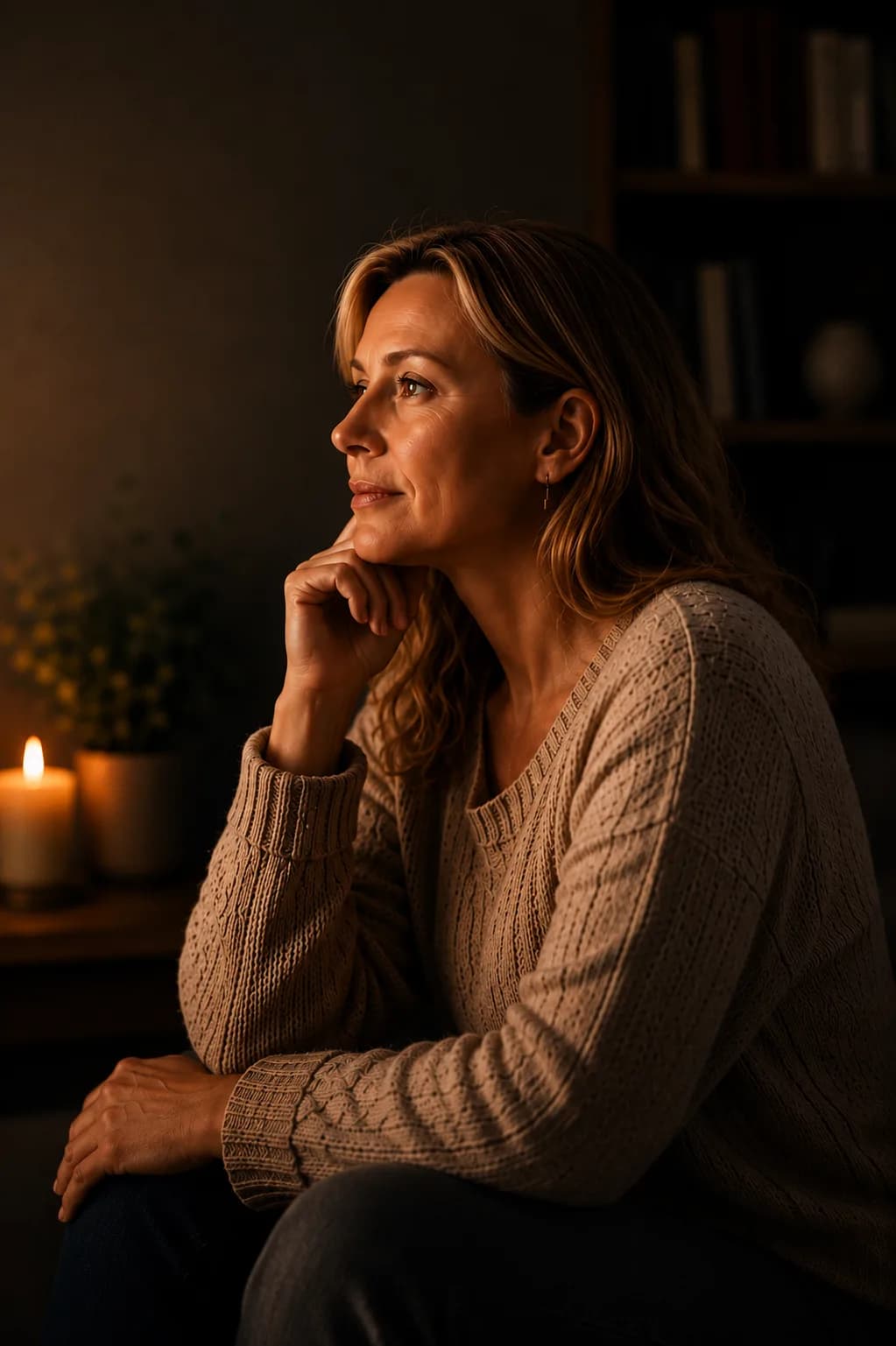 A woman in her 50s sitting by candlelight, looking thoughtful and at ease