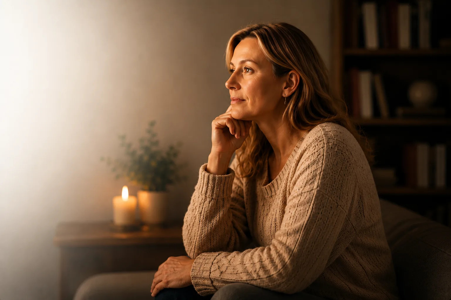 A woman in her 50s sitting by candlelight, looking thoughtful and at ease